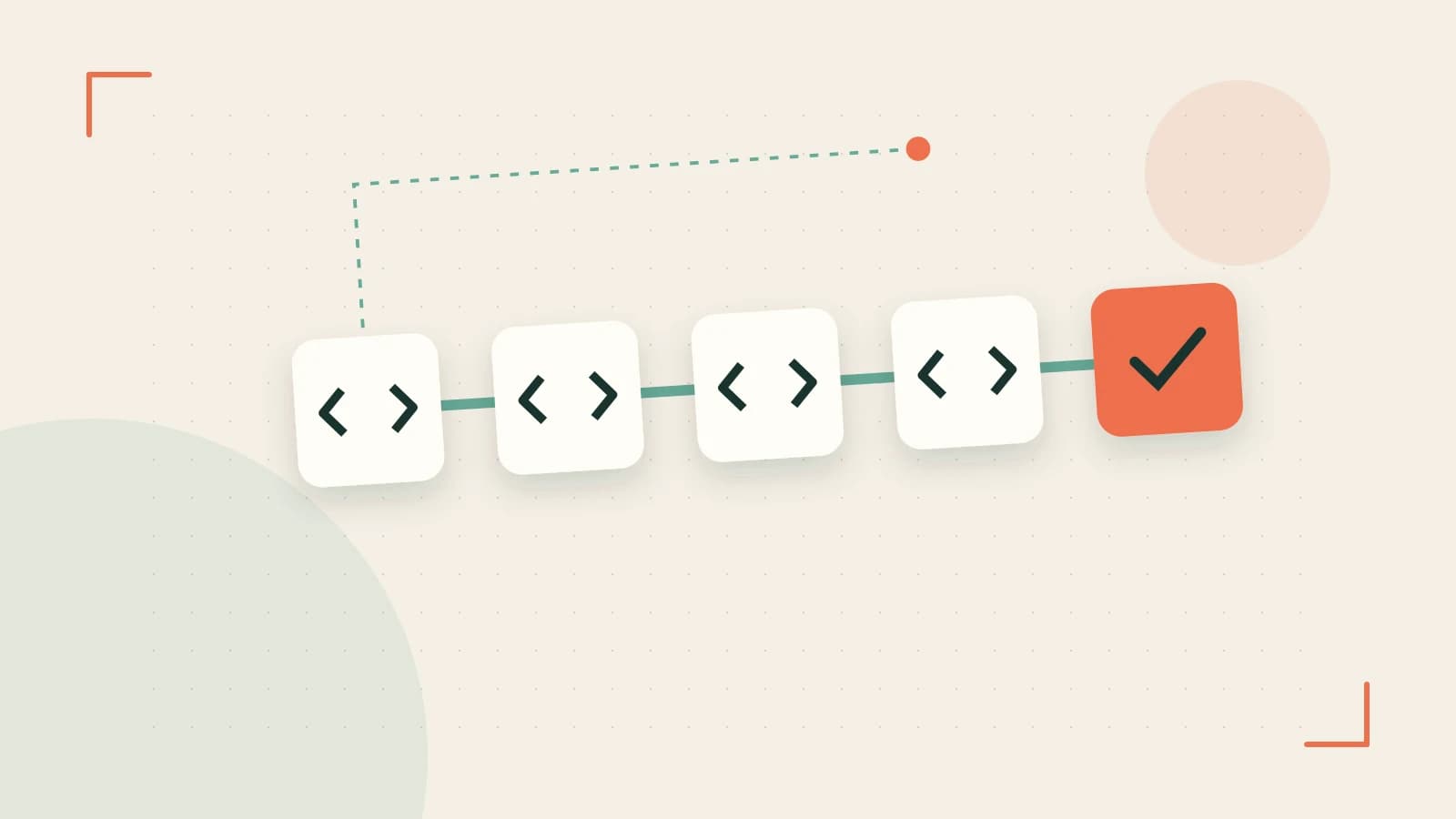 Editorial illustration of a branching build pipeline, staged transformations and a completed check