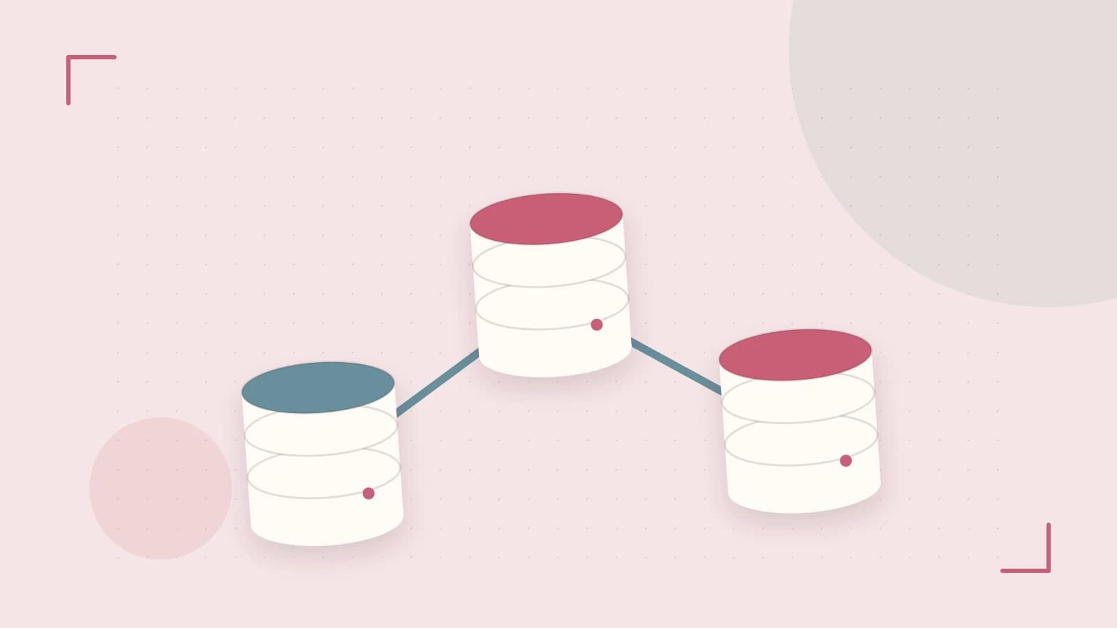 Editorial illustration of structured records, database cylinders and relationships between tables