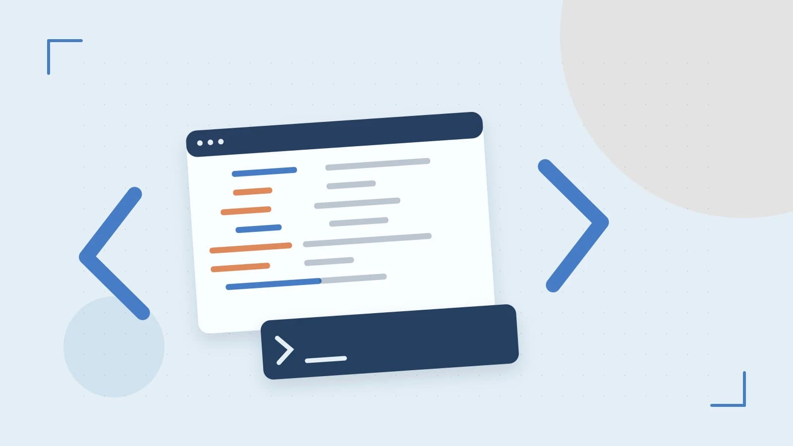 Editorial illustration of an abstract code editor, syntax blocks and oversized programming brackets