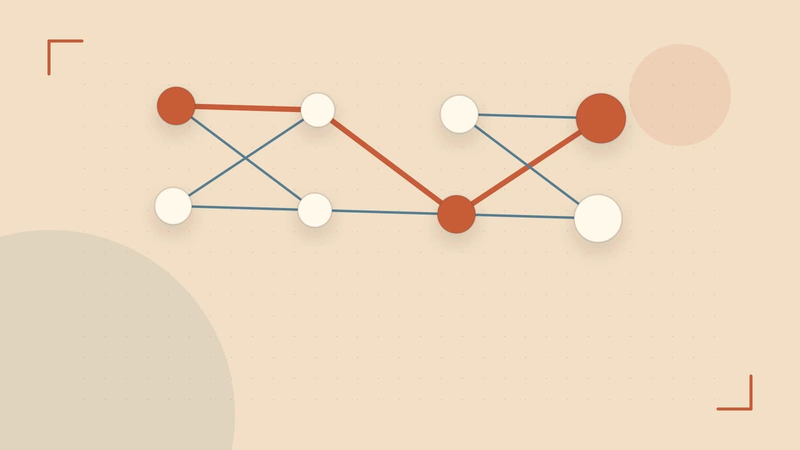 Editorial illustration of an algorithmic node graph with branching paths and a highlighted result