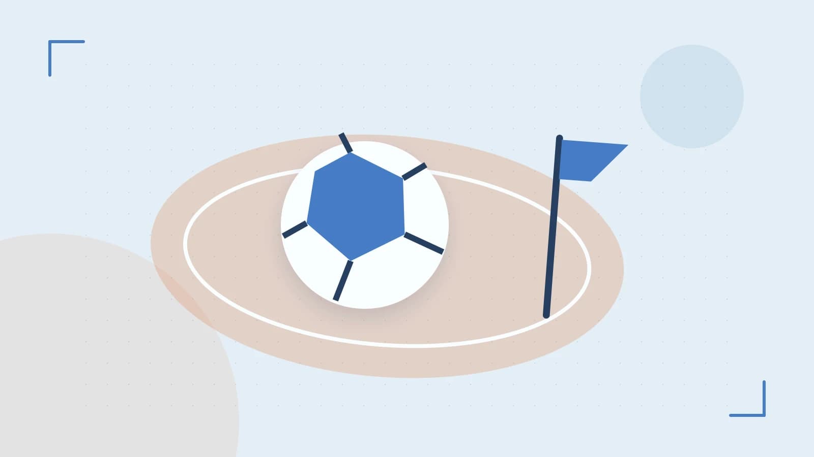 Editorial illustration of a stylized sports ball, stadium geometry and dynamic arcs