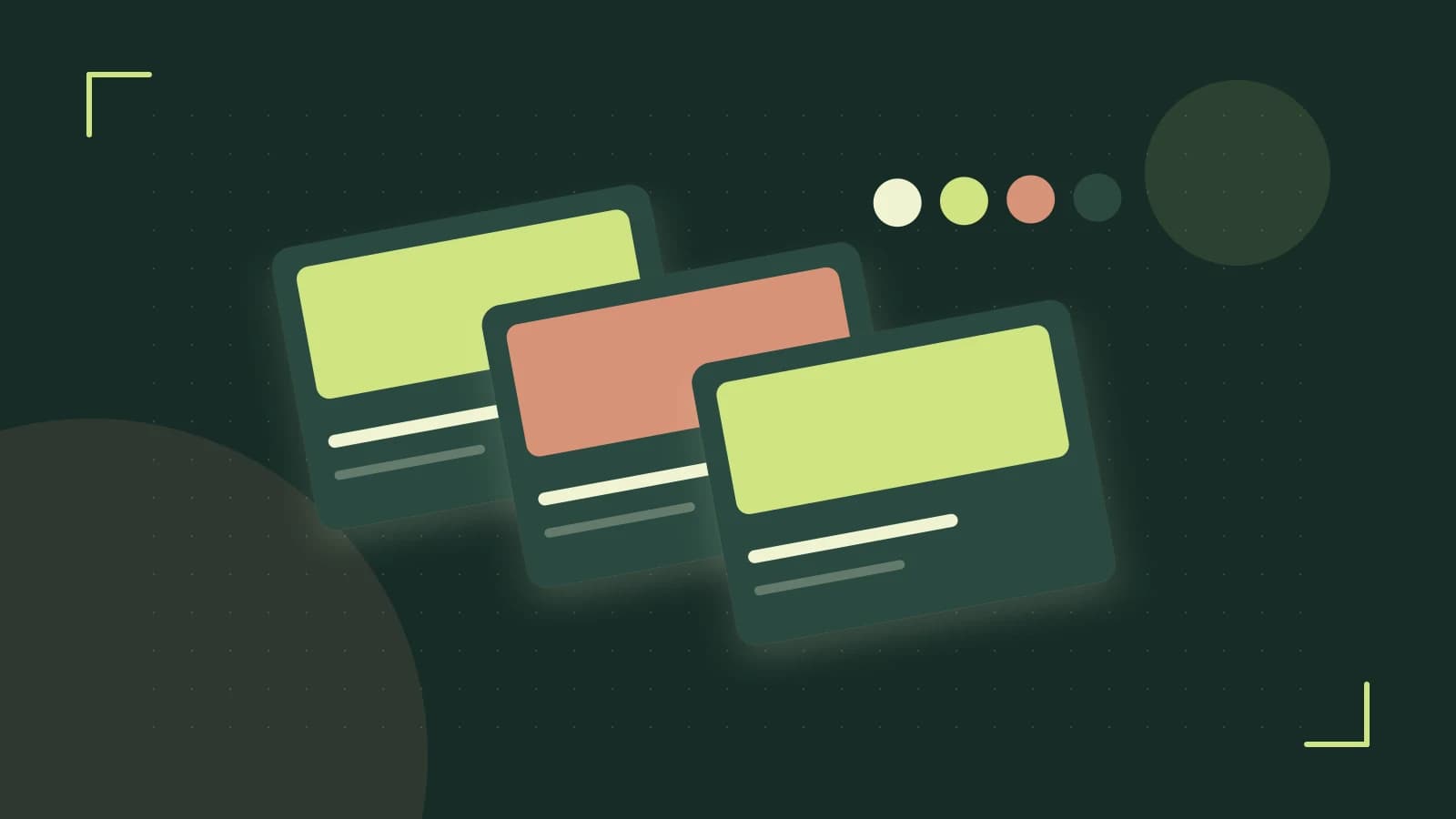 Editorial illustration of responsive browser layouts, overlapping design components and a color system