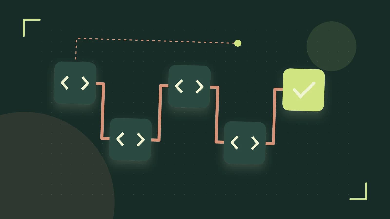 Editorial illustration of a branching build pipeline, staged transformations and a completed check
