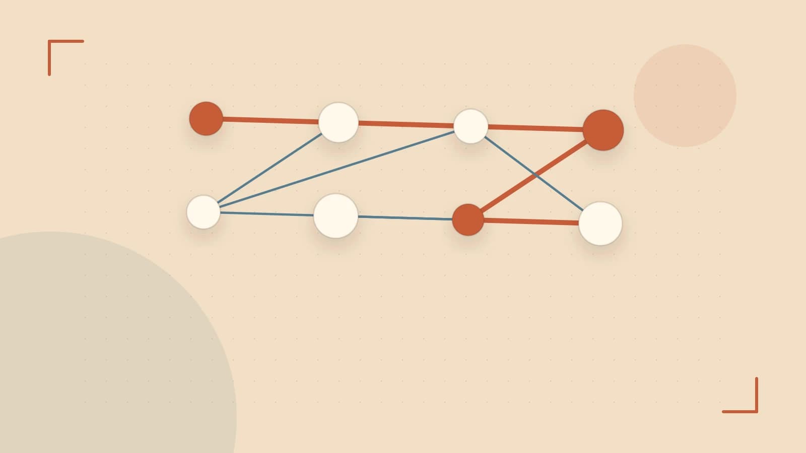 Editorial illustration of an algorithmic node graph with branching paths and a highlighted result
