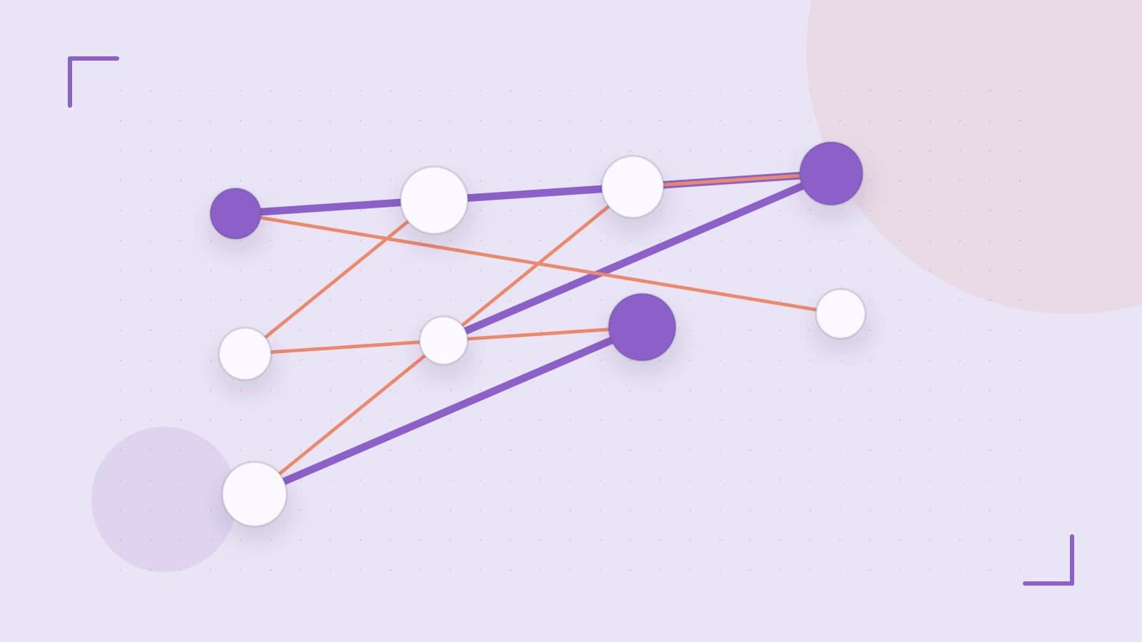 Editorial illustration of an algorithmic node graph with branching paths and a highlighted result