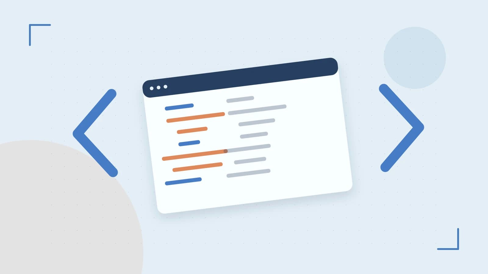 Editorial illustration of an abstract code editor, syntax blocks and oversized programming brackets