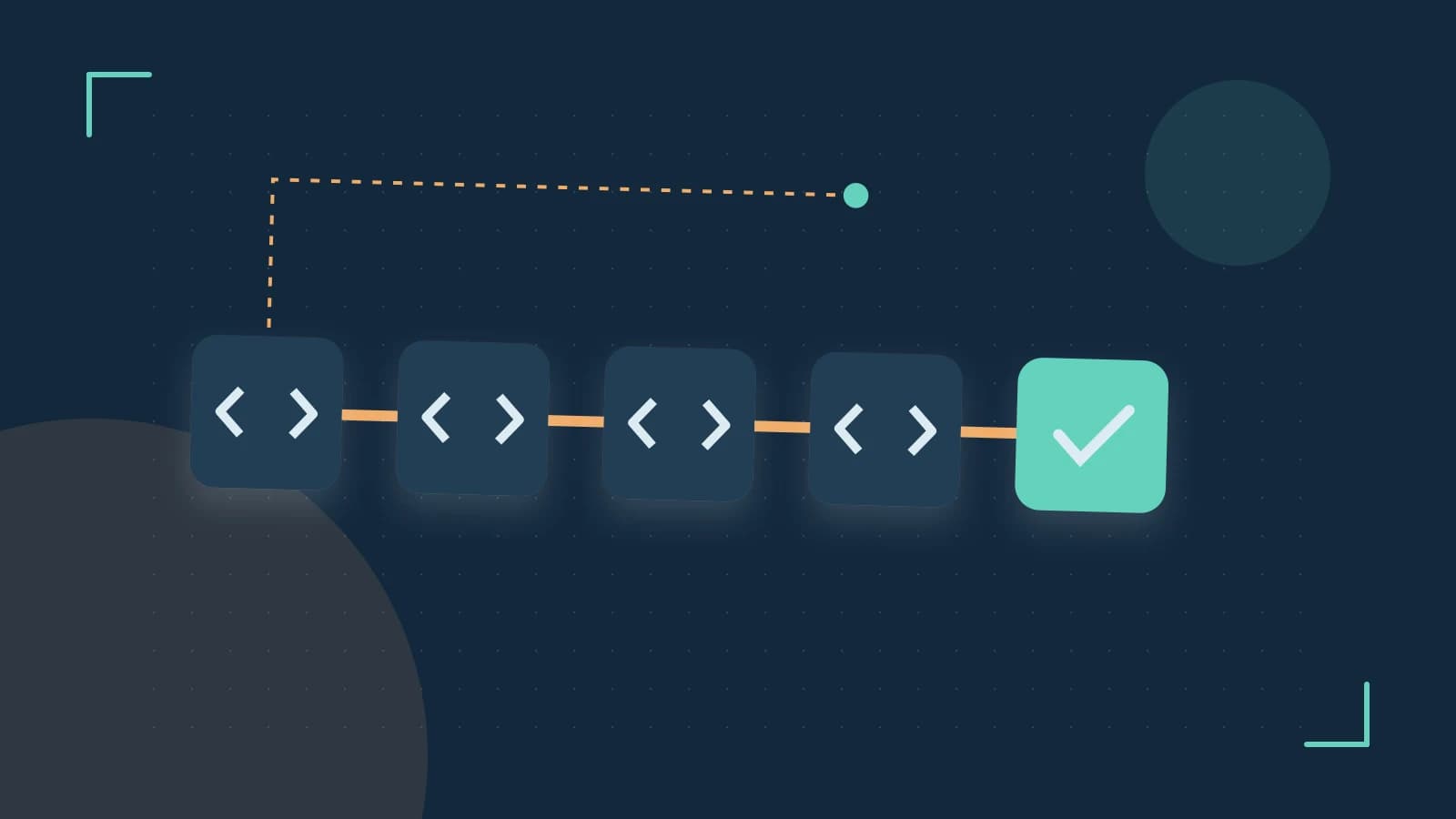 Editorial illustration of a branching build pipeline, staged transformations and a completed check