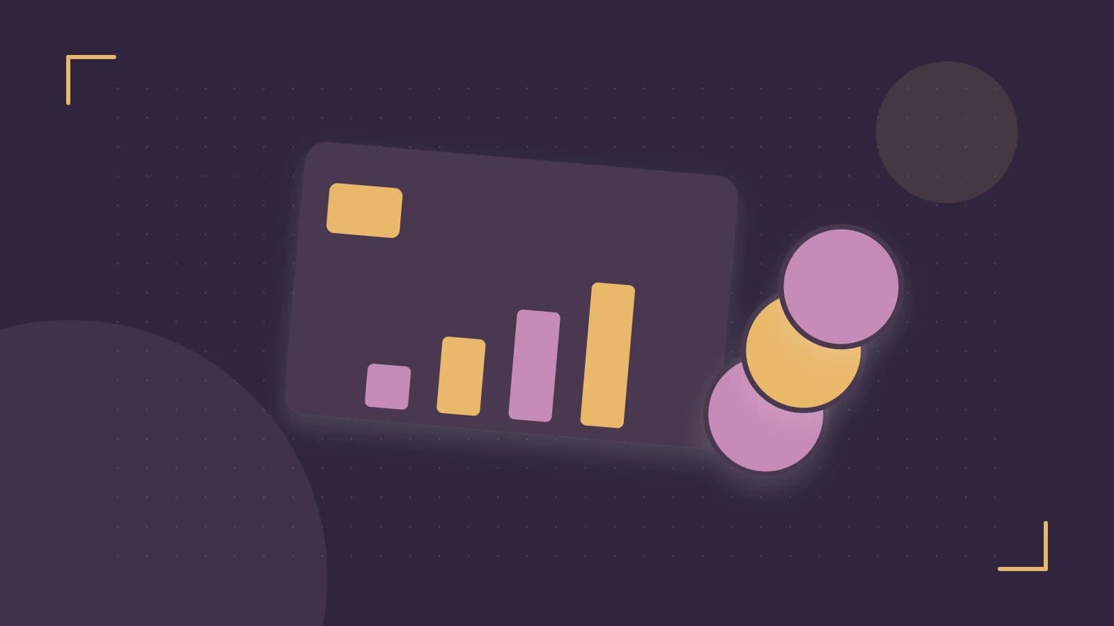 Editorial illustration of abstract coins, a payment card and a geometric financial chart without data labels