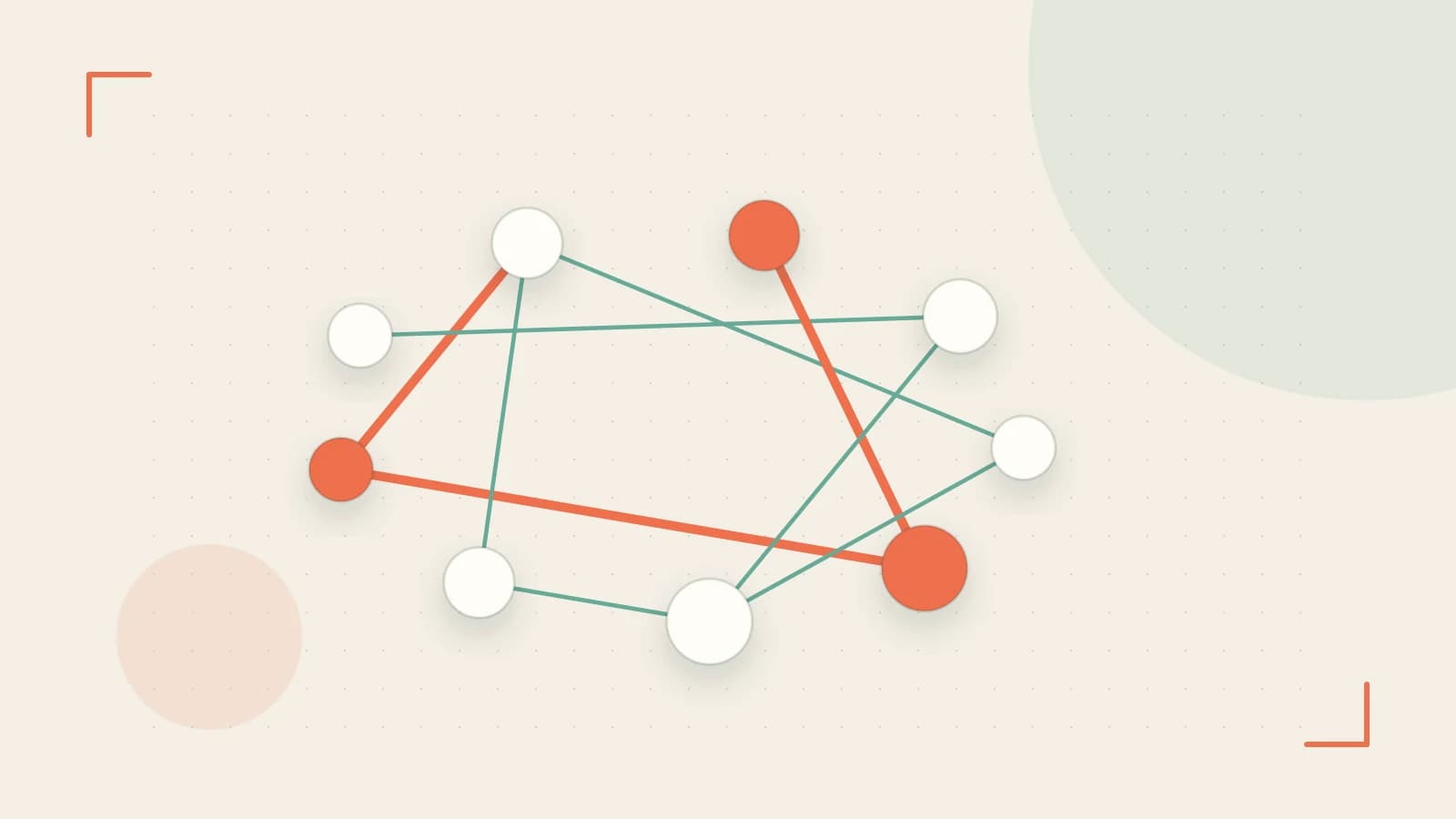 Editorial illustration of an algorithmic node graph with branching paths and a highlighted result