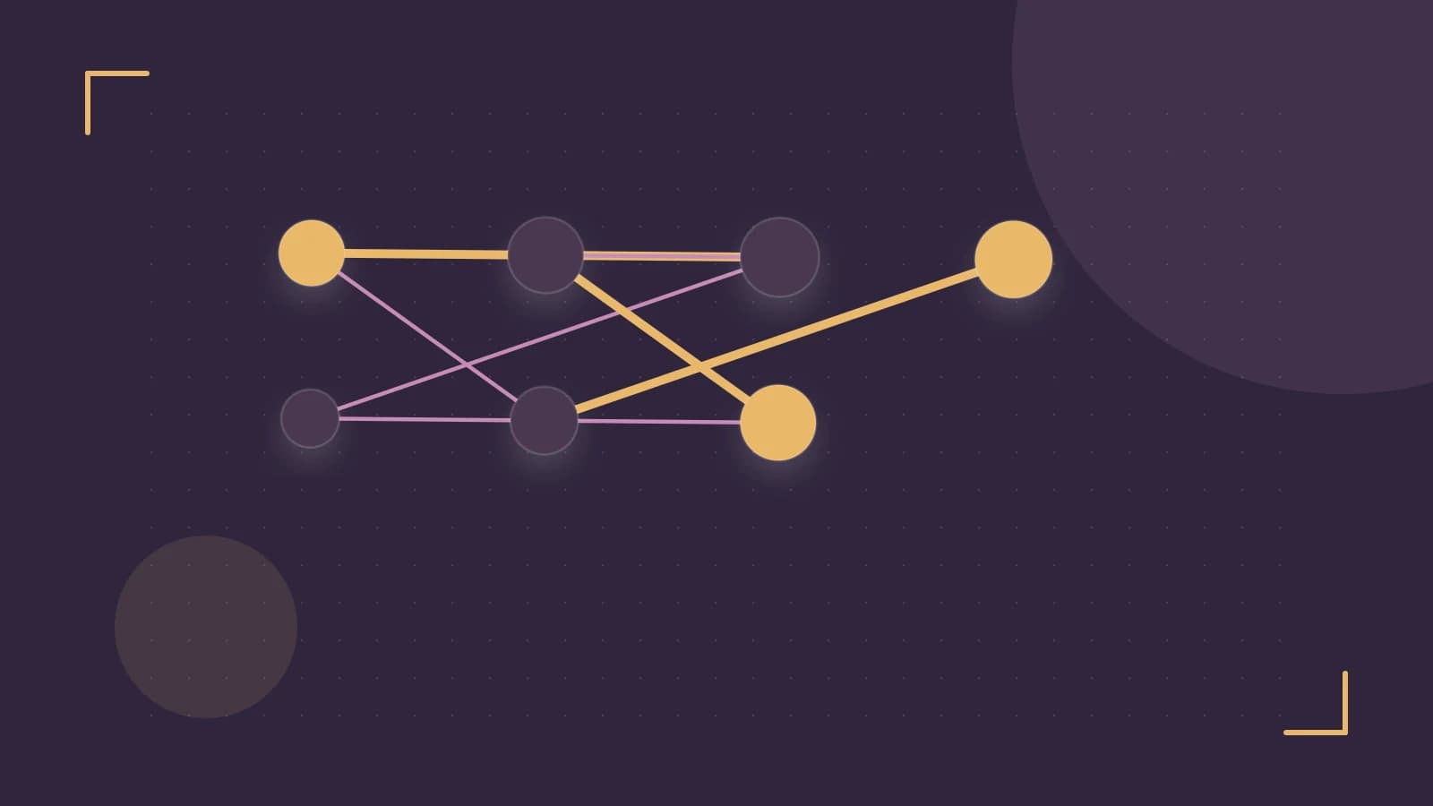 Editorial illustration of an algorithmic node graph with branching paths and a highlighted result