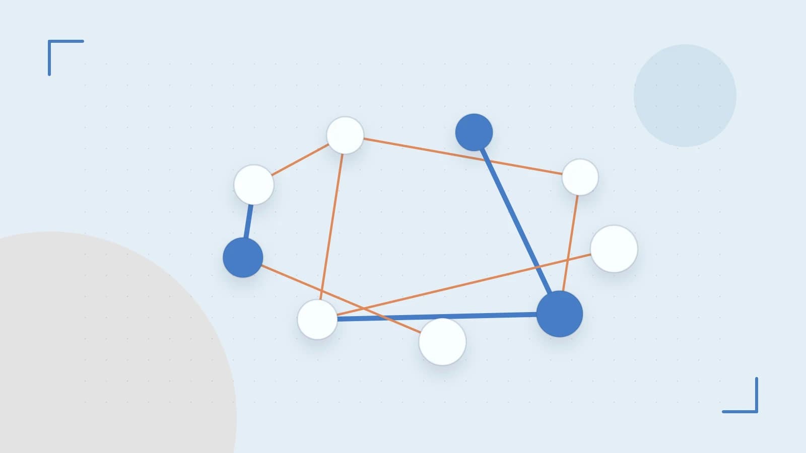 Editorial illustration of an algorithmic node graph with branching paths and a highlighted result