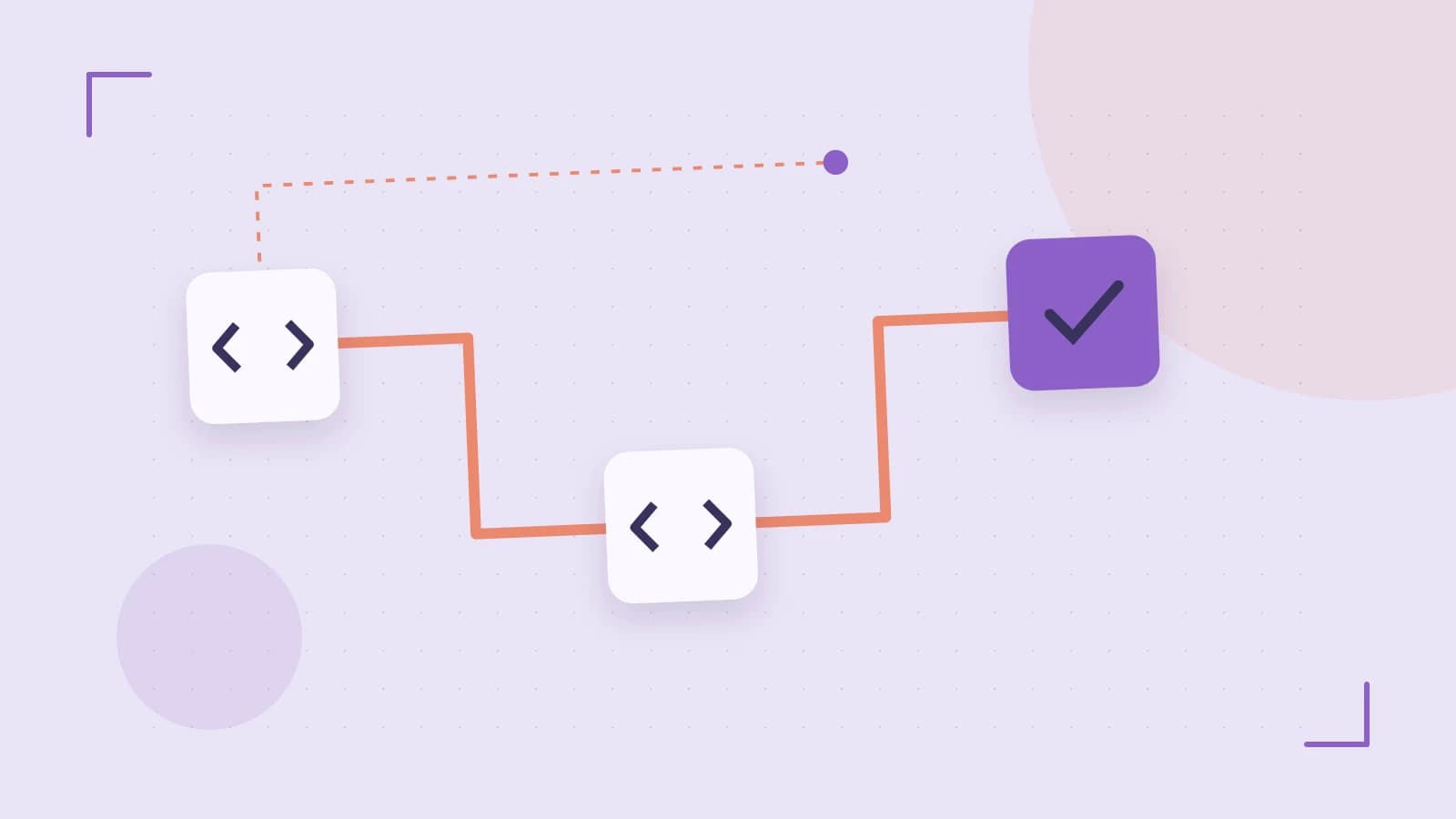 Editorial illustration of a branching build pipeline, staged transformations and a completed check