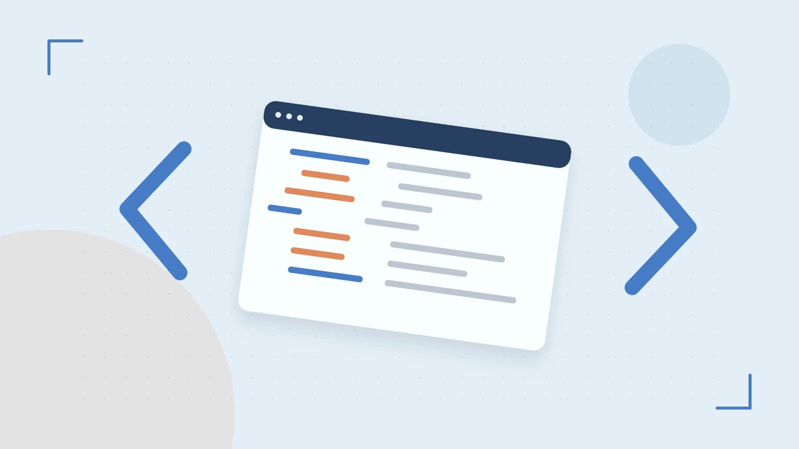 Editorial illustration of an abstract code editor, syntax blocks and oversized programming brackets