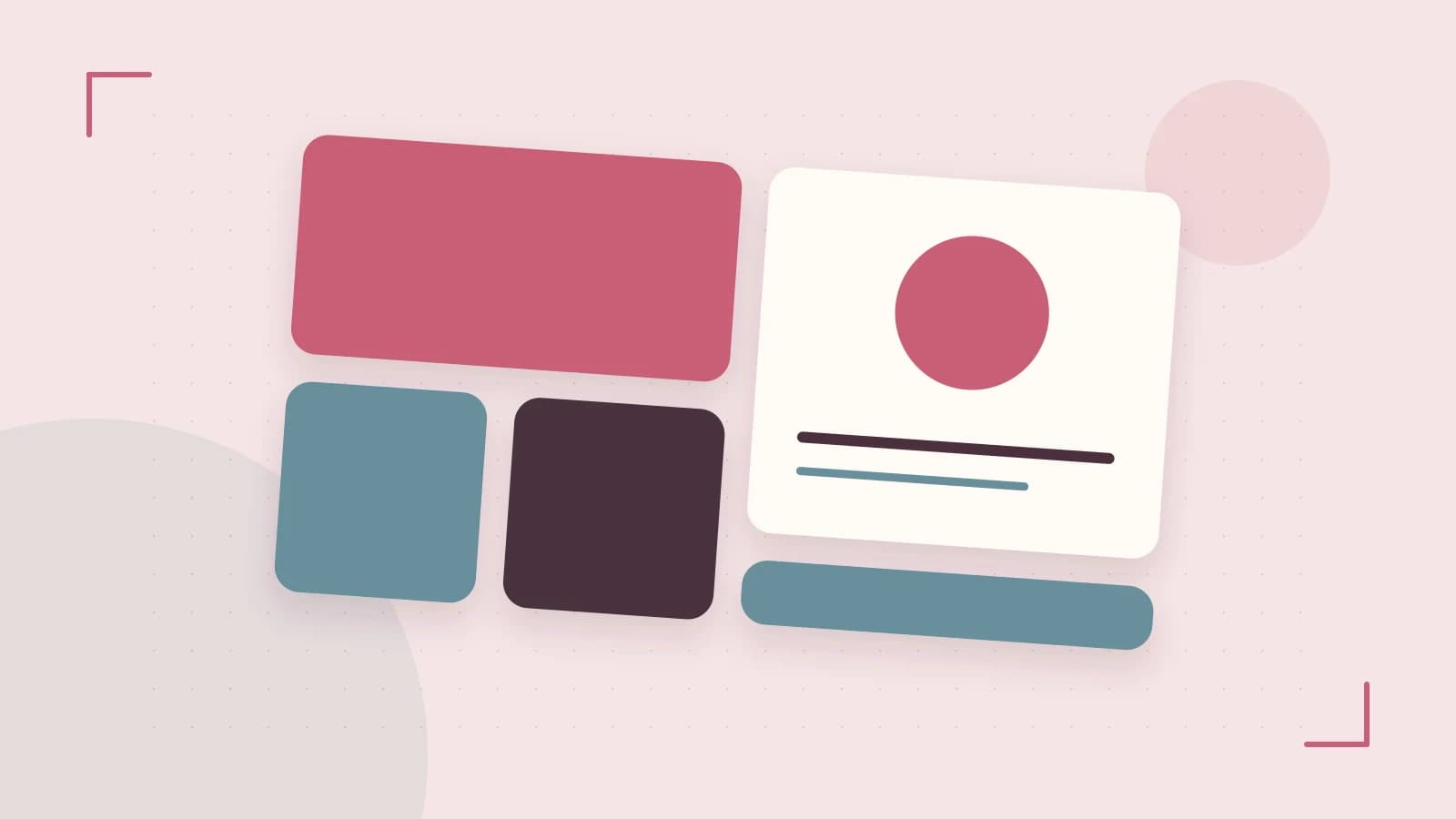 Editorial illustration of responsive browser layouts, overlapping design components and a color system