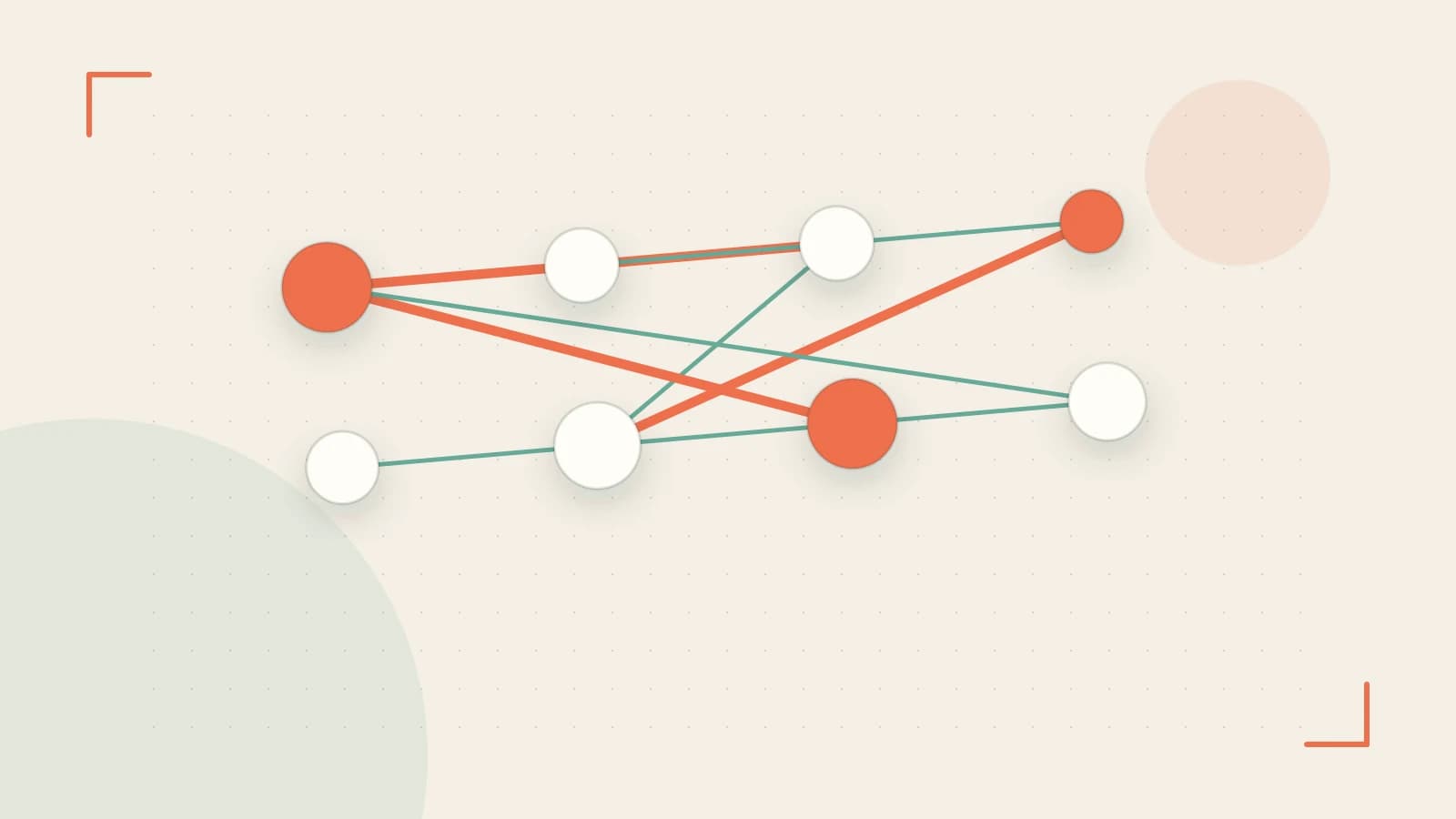 Editorial illustration of an algorithmic node graph with branching paths and a highlighted result