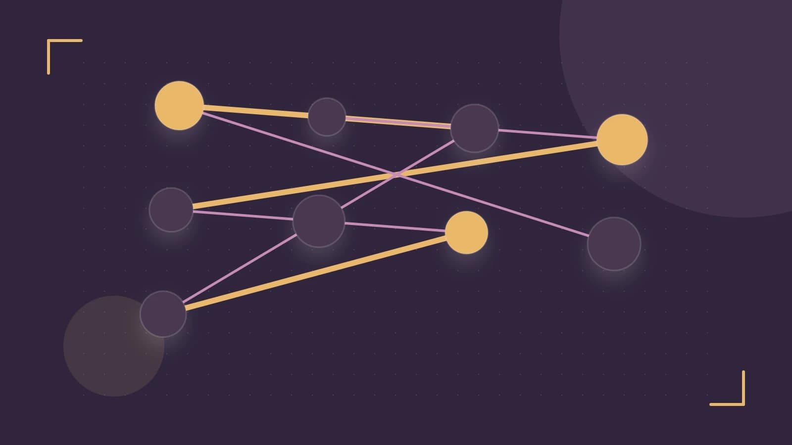 Editorial illustration of an algorithmic node graph with branching paths and a highlighted result