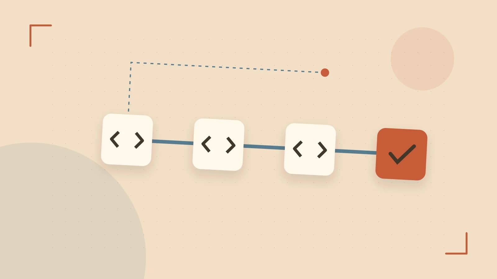 Editorial illustration of a branching build pipeline, staged transformations and a completed check
