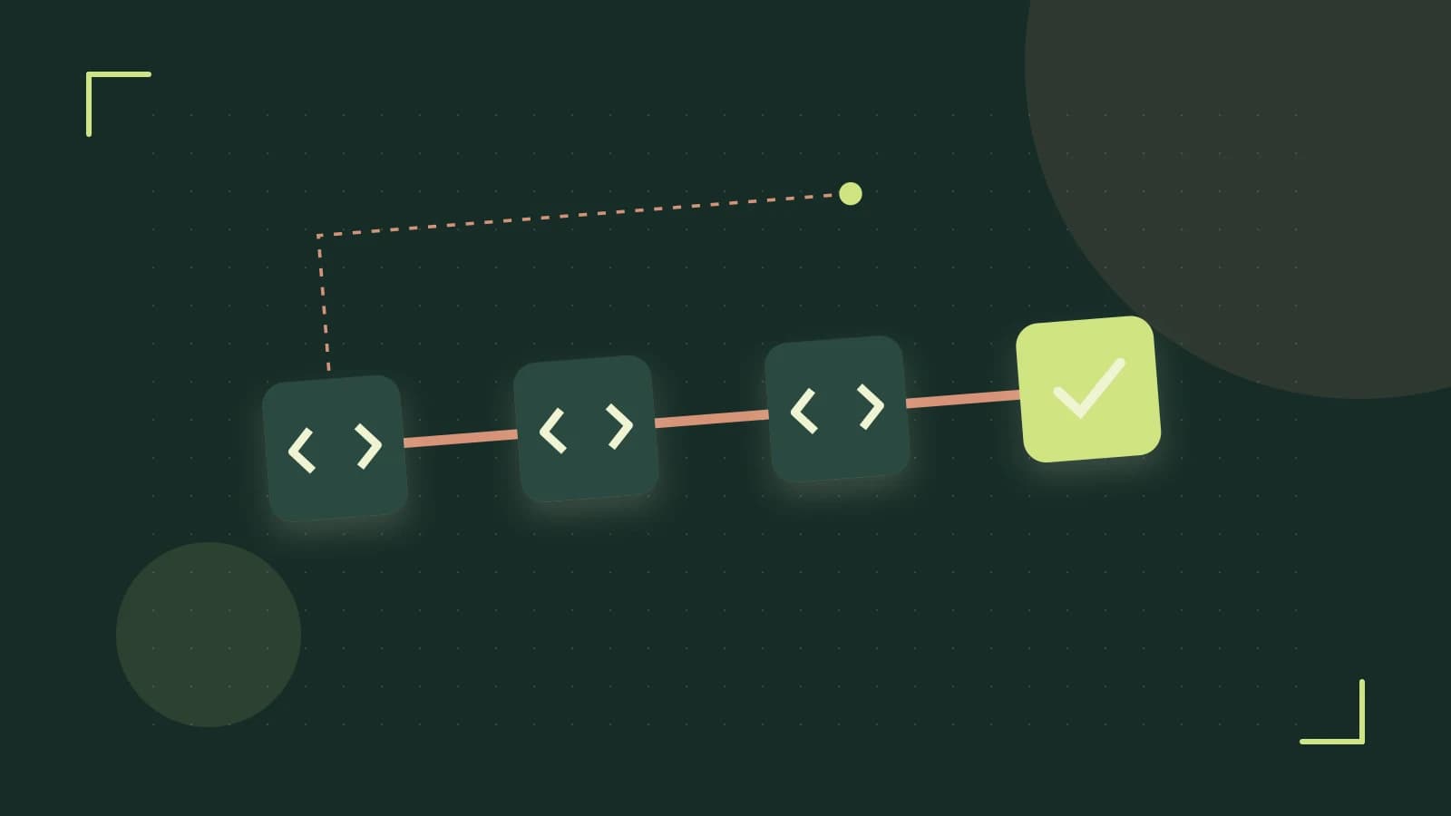 Editorial illustration of a branching build pipeline, staged transformations and a completed check