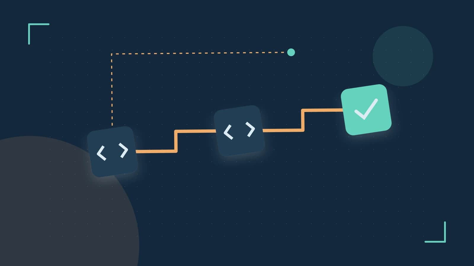 Editorial illustration of a branching build pipeline, staged transformations and a completed check