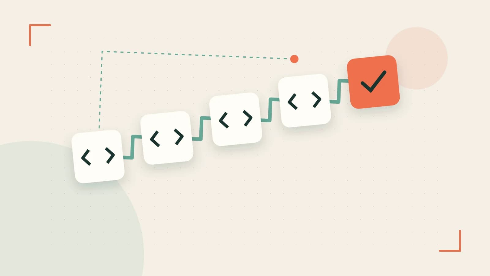 Editorial illustration of a branching build pipeline, staged transformations and a completed check