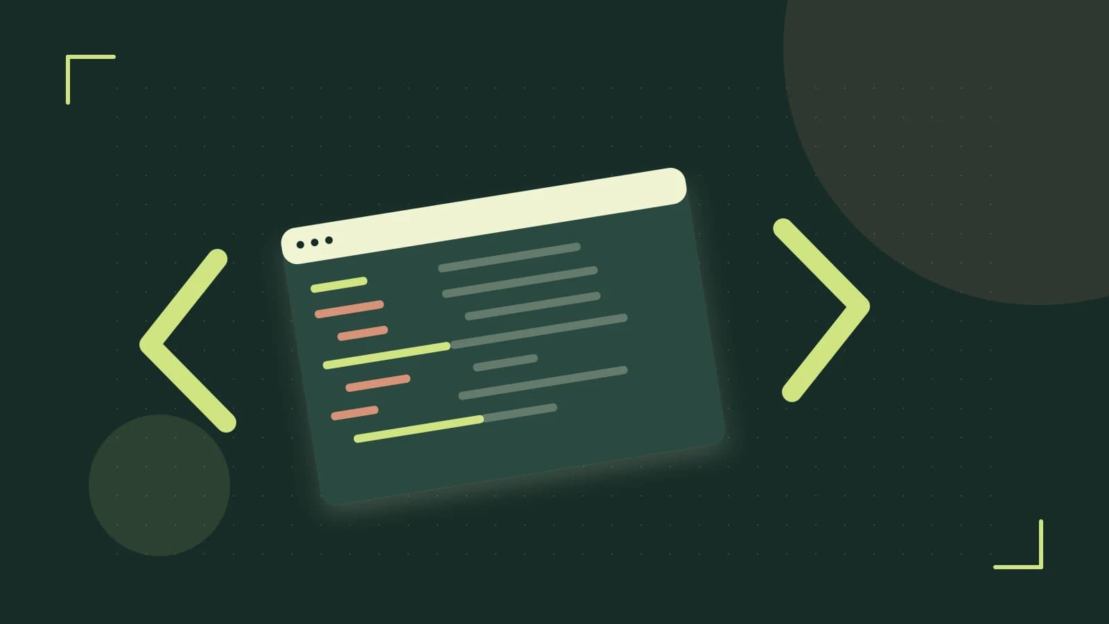Editorial illustration of an abstract code editor, syntax blocks and oversized programming brackets