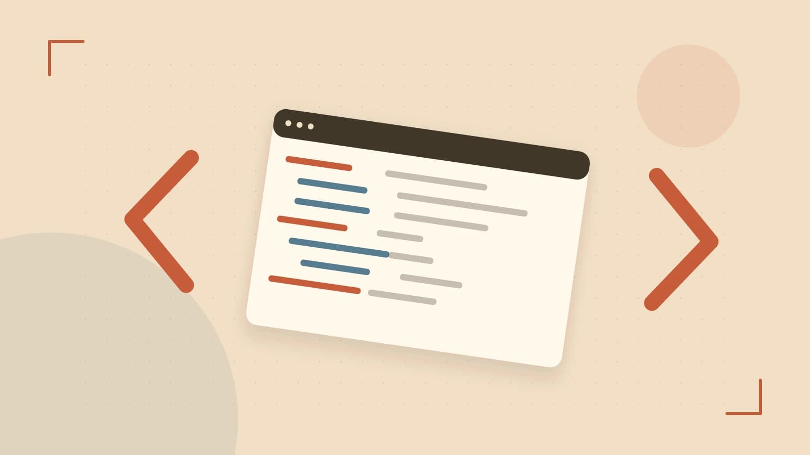 Editorial illustration of an abstract code editor, syntax blocks and oversized programming brackets