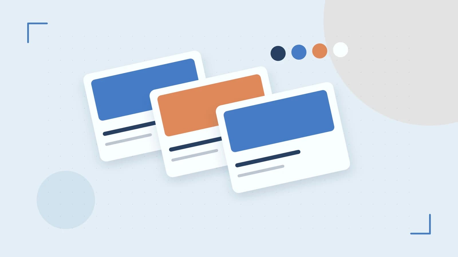 Editorial illustration of responsive browser layouts, overlapping design components and a color system