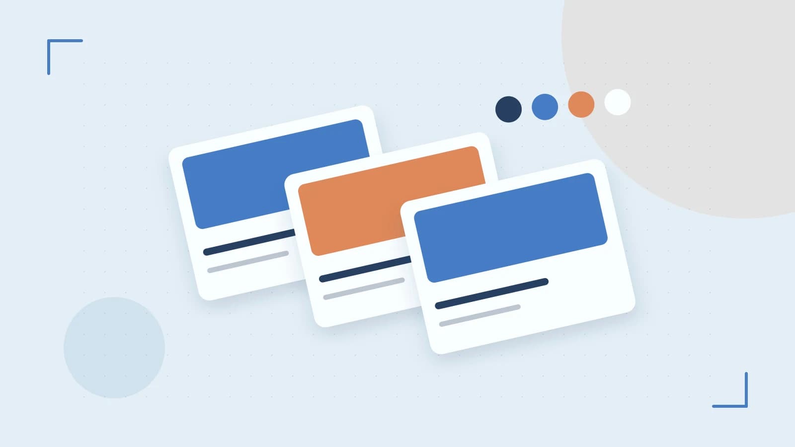 Editorial illustration of responsive browser layouts, overlapping design components and a color system