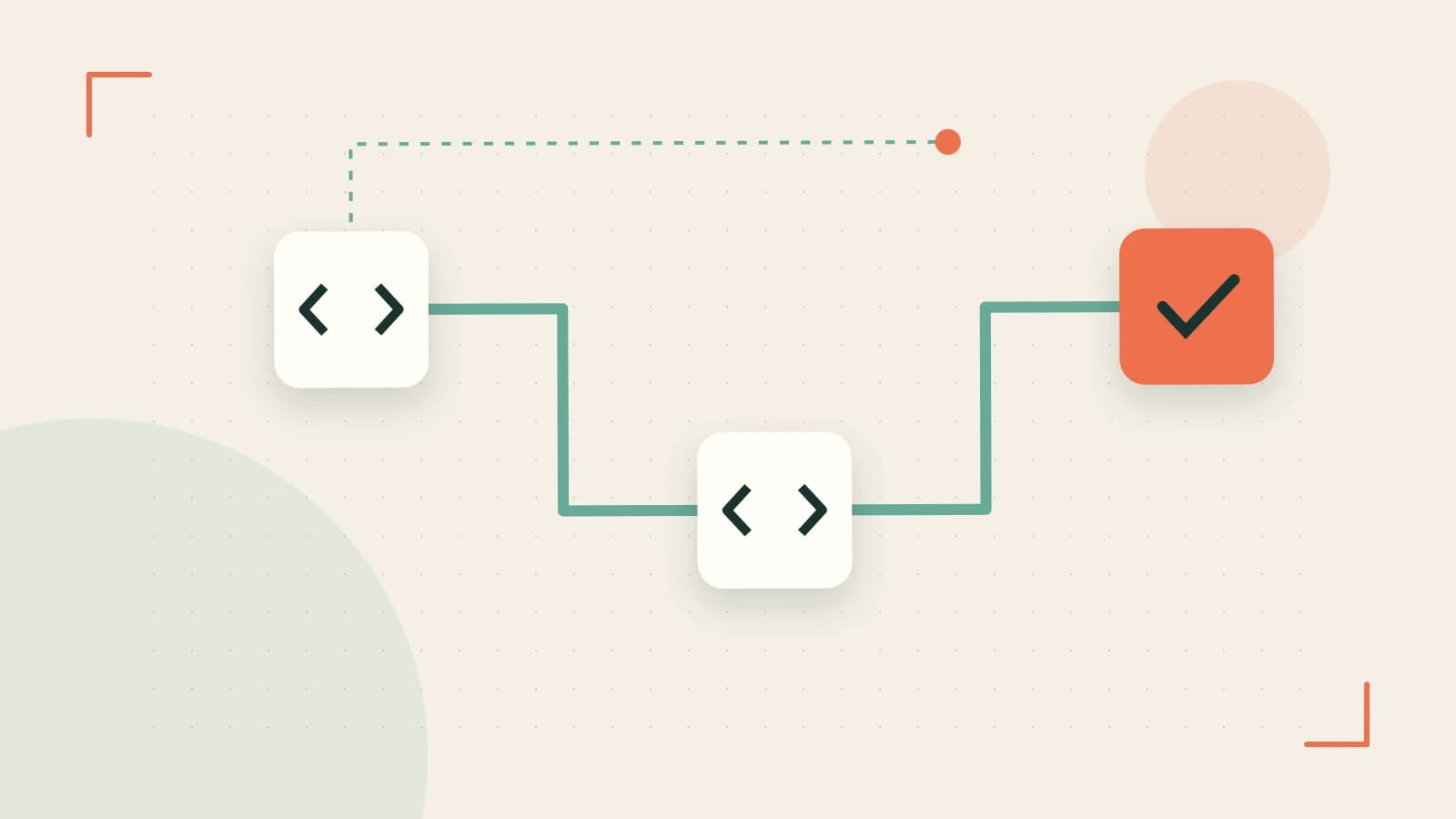 Editorial illustration of a branching build pipeline, staged transformations and a completed check
