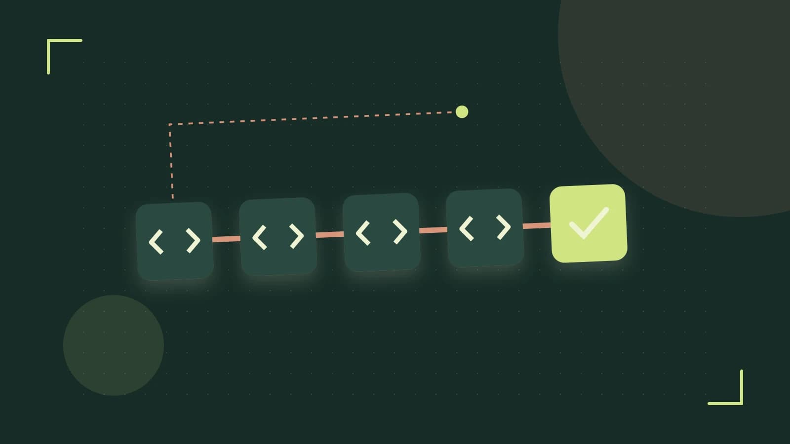 Editorial illustration of a branching build pipeline, staged transformations and a completed check