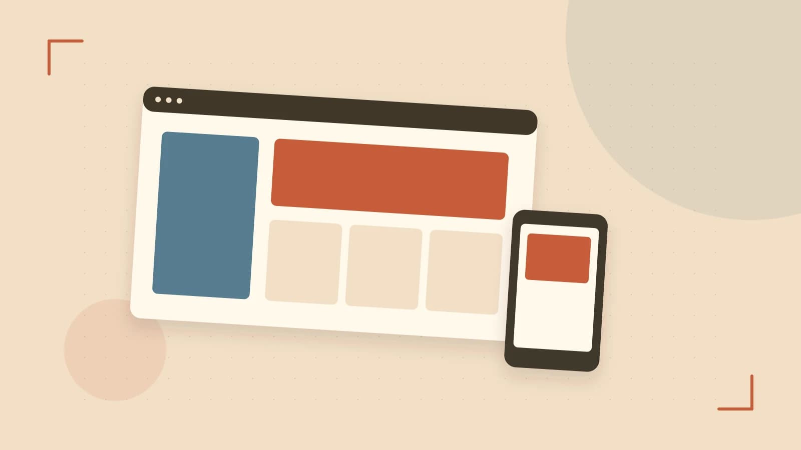 Editorial illustration of responsive browser layouts, overlapping design components and a color system