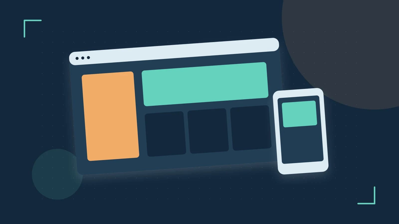 Editorial illustration of responsive browser layouts, overlapping design components and a color system