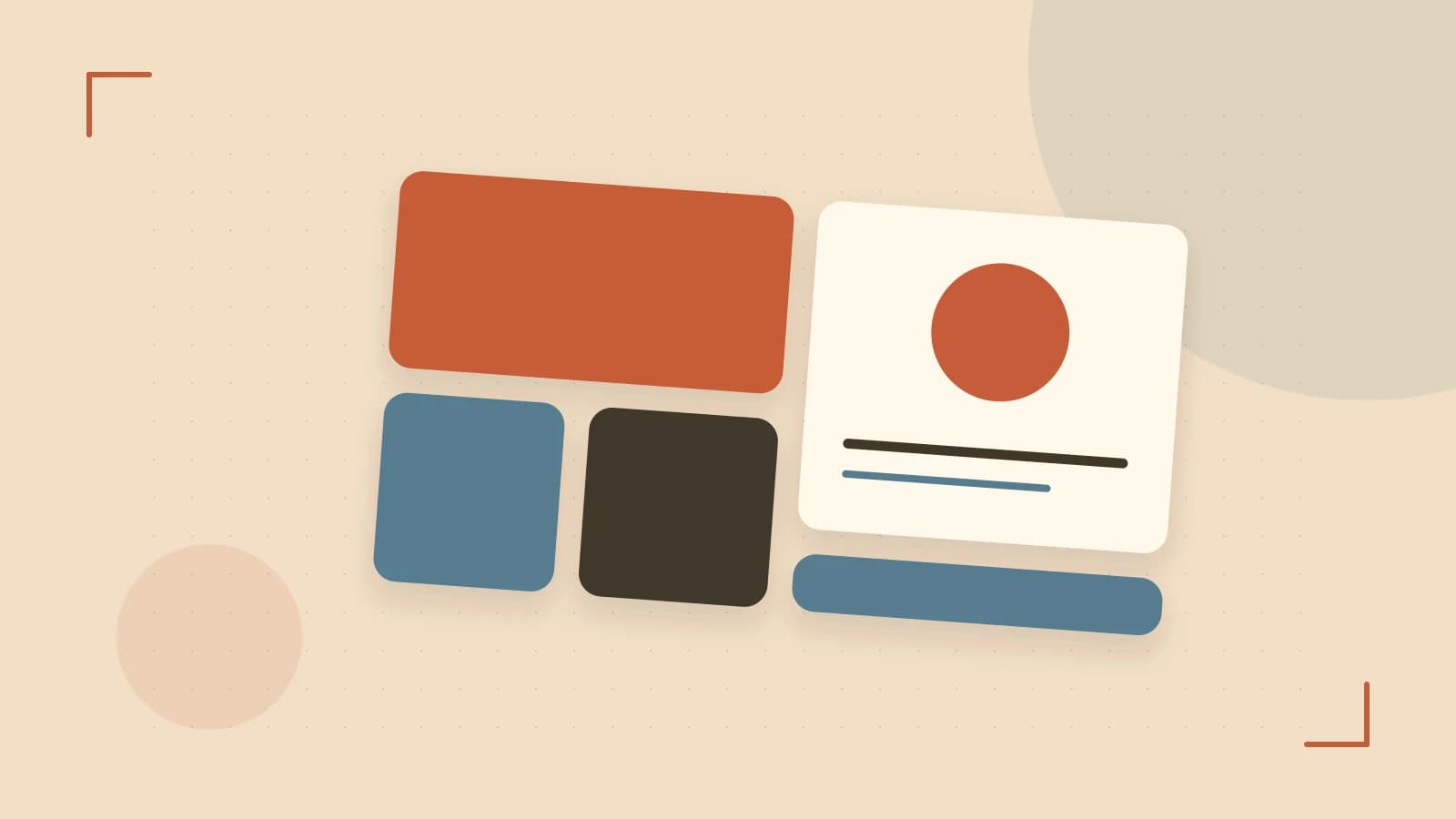 Editorial illustration of responsive browser layouts, overlapping design components and a color system