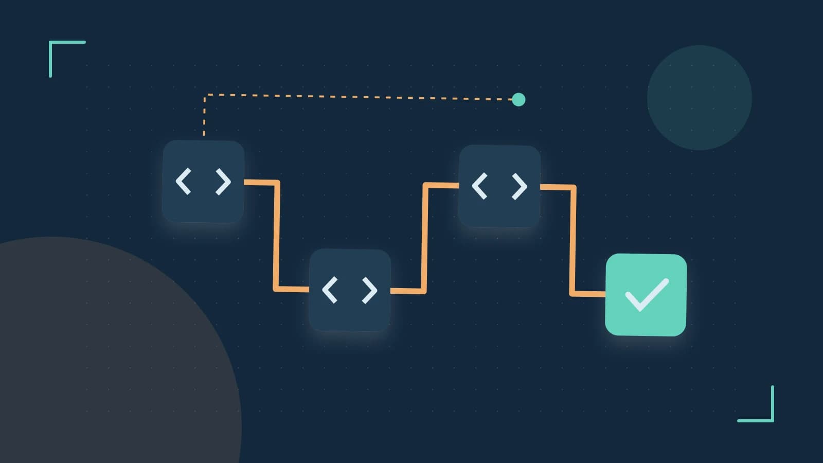 Editorial illustration of a branching build pipeline, staged transformations and a completed check