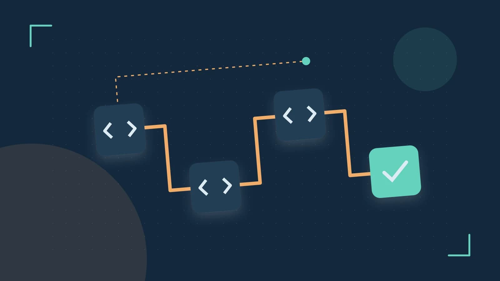 Editorial illustration of a branching build pipeline, staged transformations and a completed check