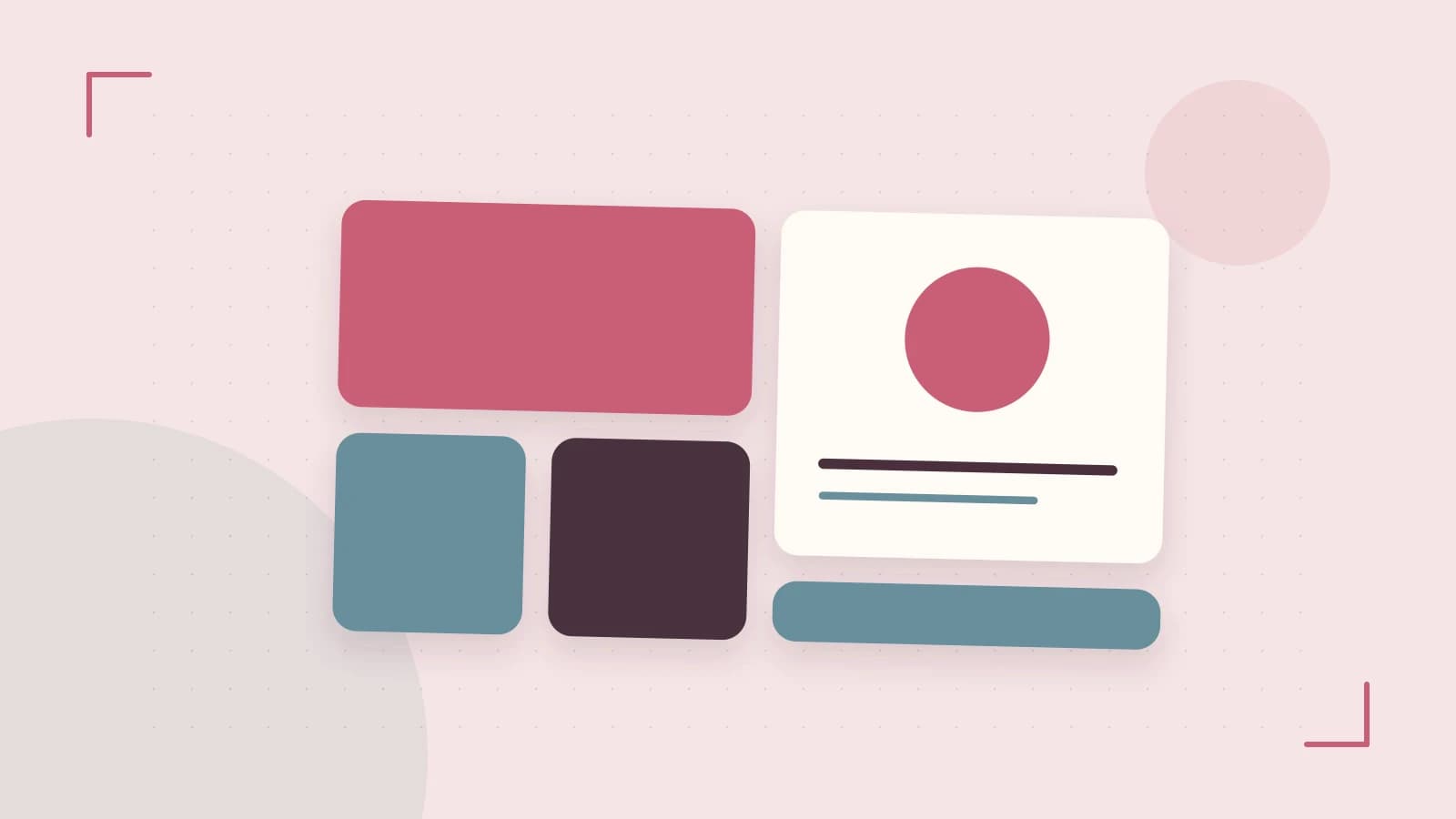 Editorial illustration of responsive browser layouts, overlapping design components and a color system