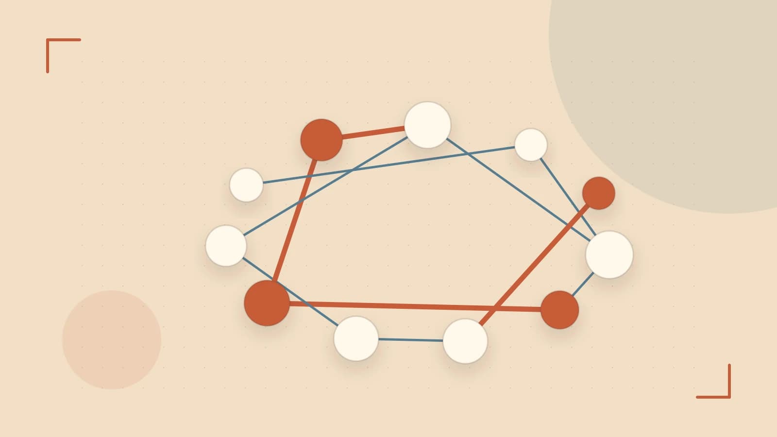 Editorial illustration of an algorithmic node graph with branching paths and a highlighted result