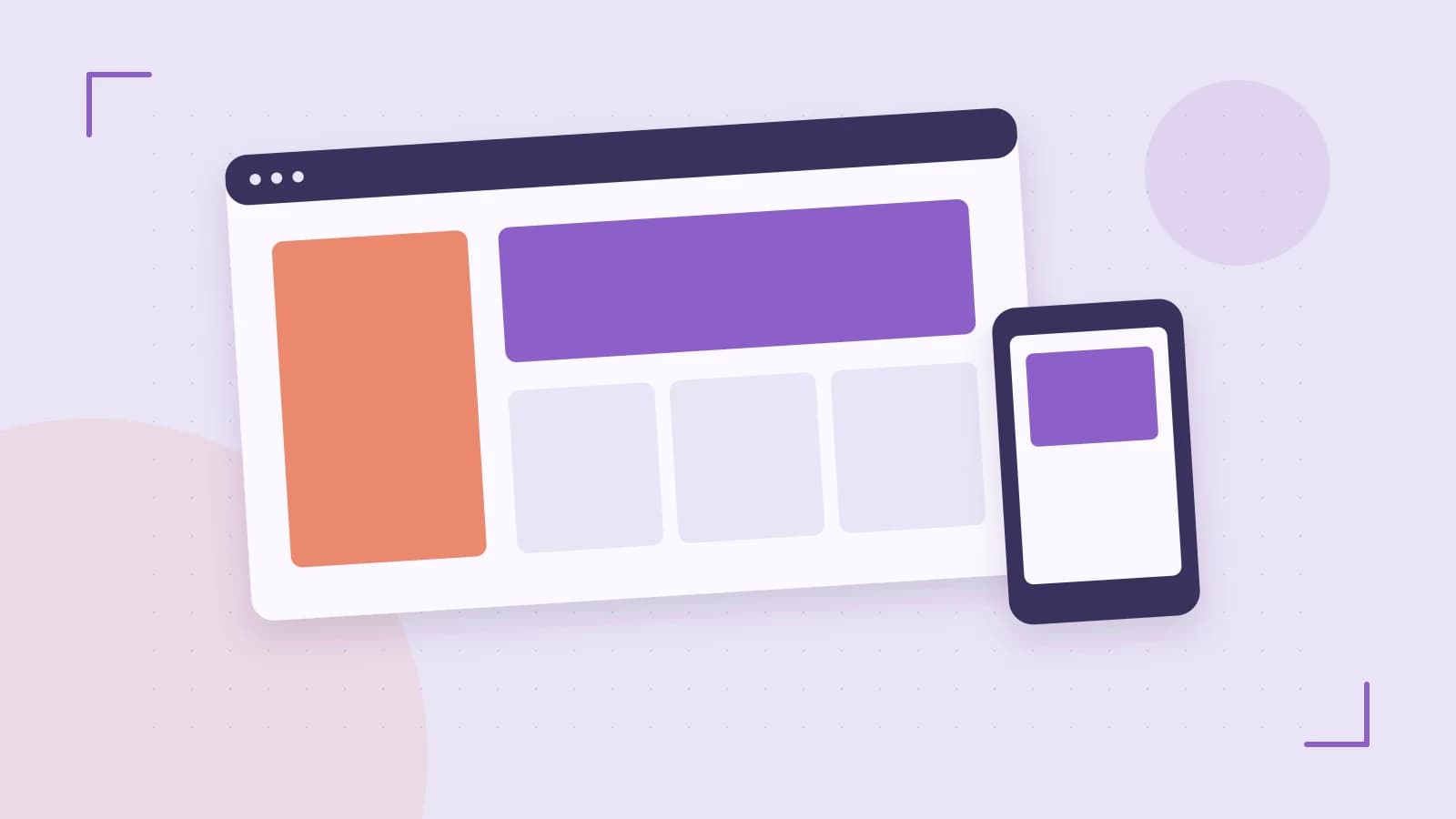 Editorial illustration of responsive browser layouts, overlapping design components and a color system