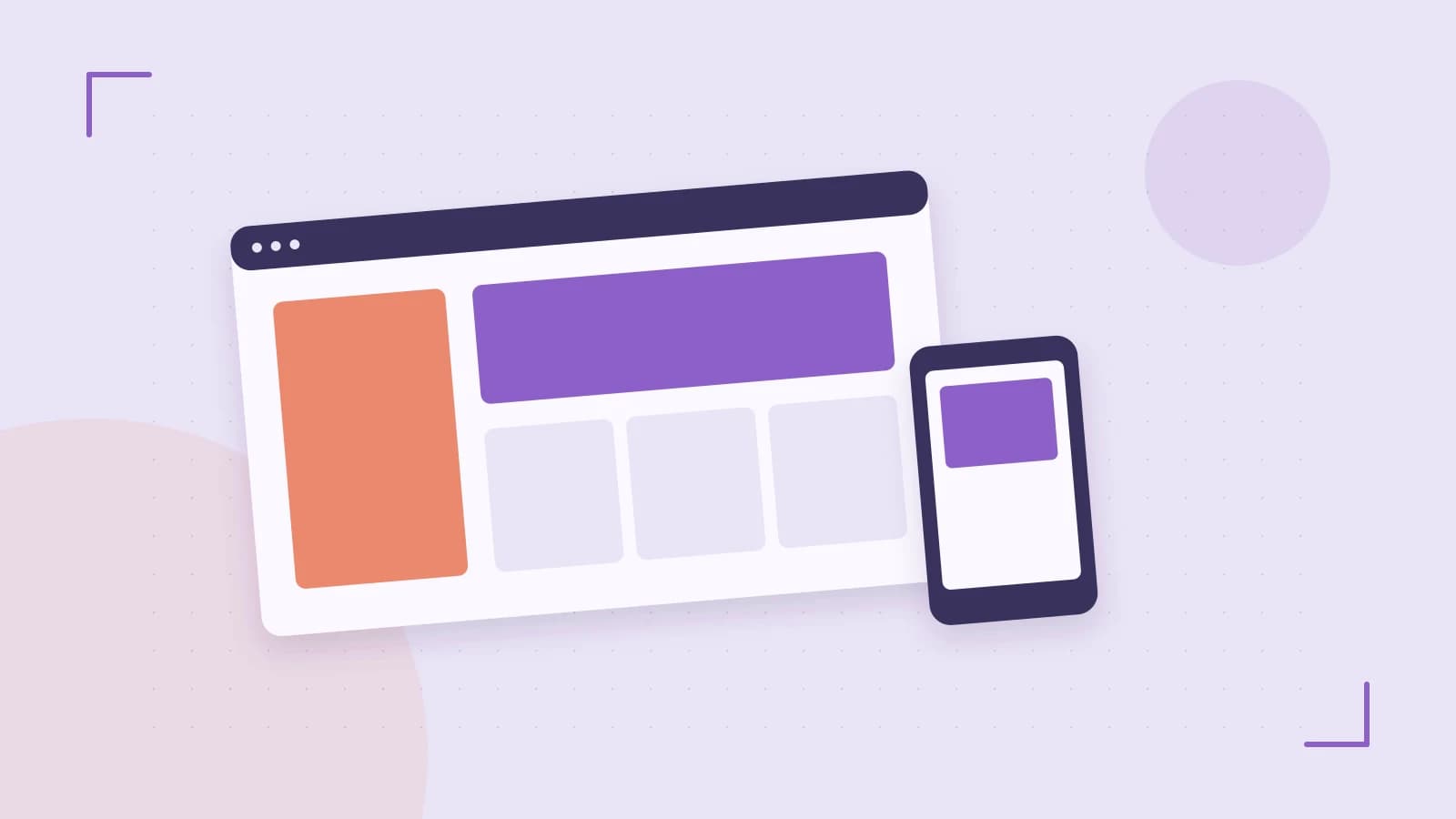 Editorial illustration of responsive browser layouts, overlapping design components and a color system