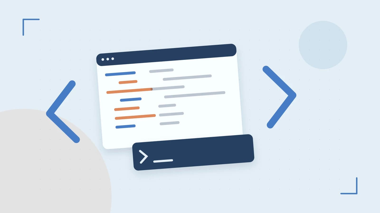 Editorial illustration of an abstract code editor, syntax blocks and oversized programming brackets
