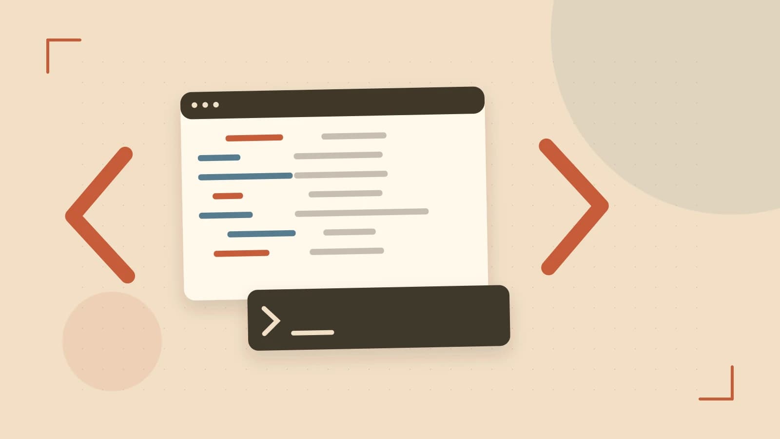Editorial illustration of an abstract code editor, syntax blocks and oversized programming brackets