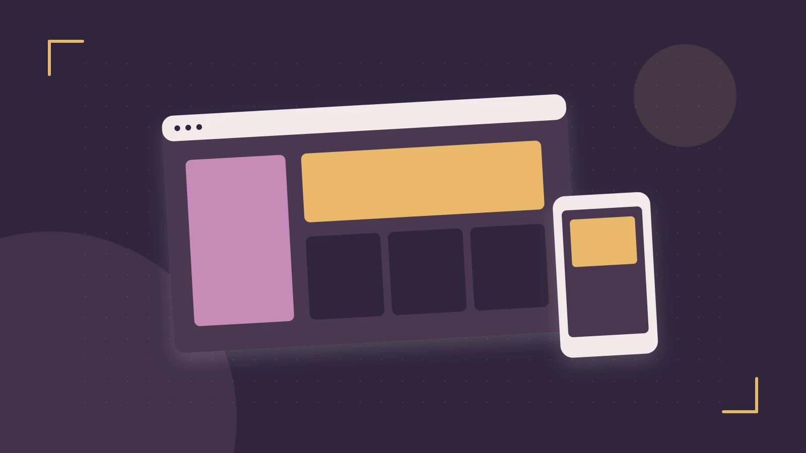 Editorial illustration of responsive browser layouts, overlapping design components and a color system