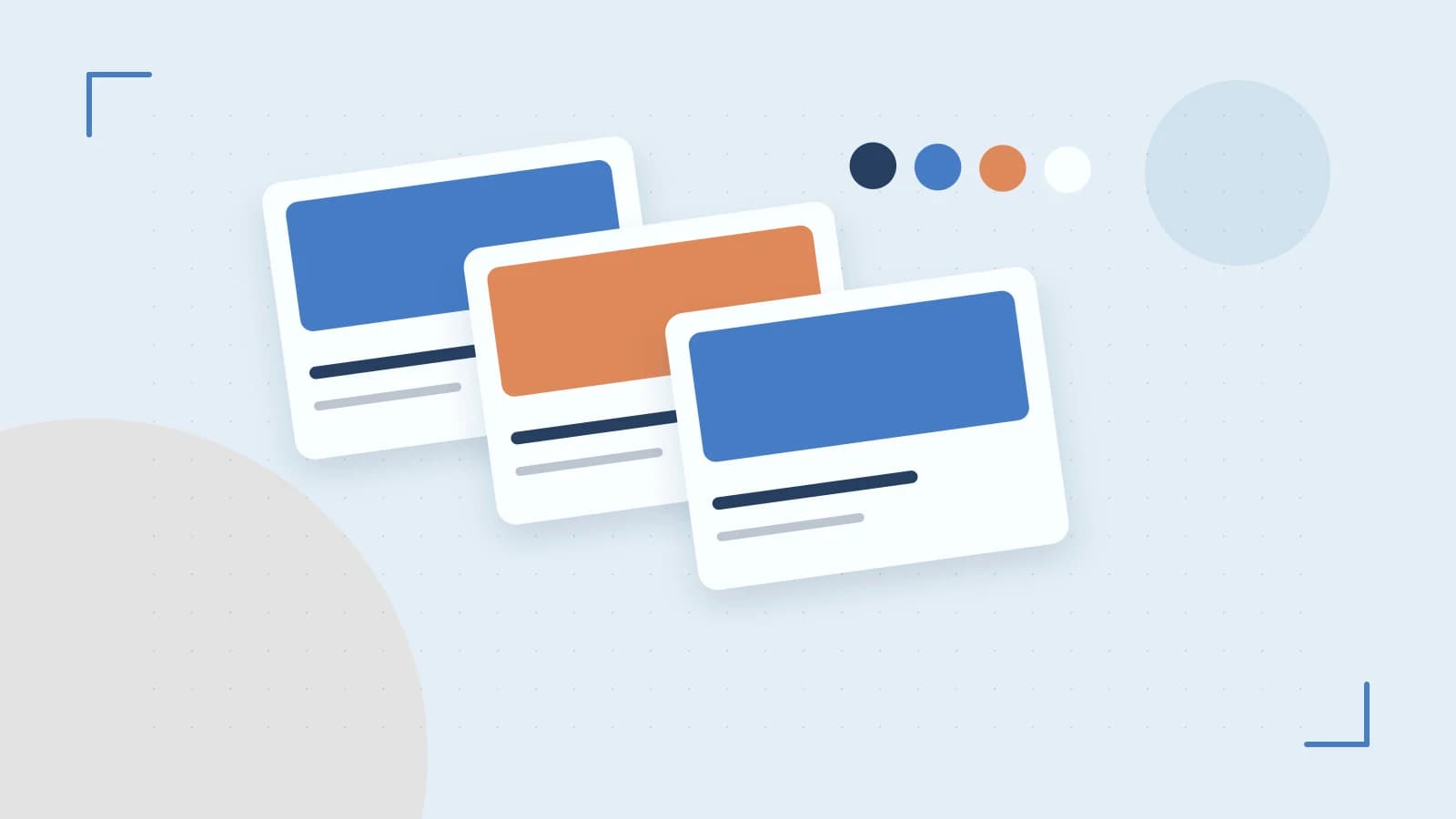 Editorial illustration of responsive browser layouts, overlapping design components and a color system