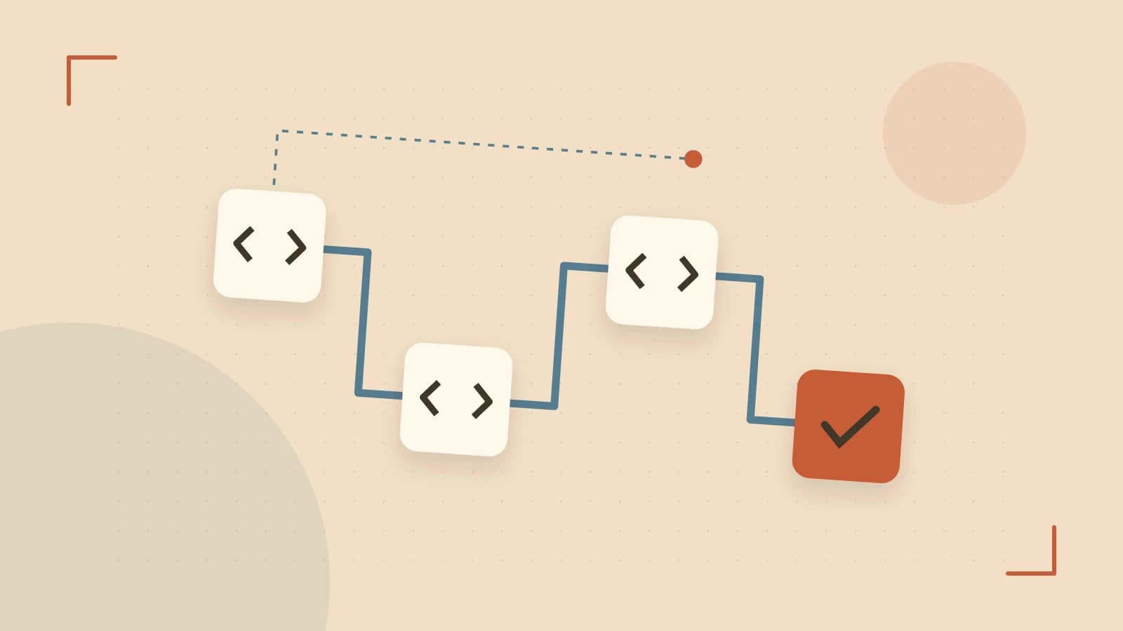Editorial illustration of a branching build pipeline, staged transformations and a completed check