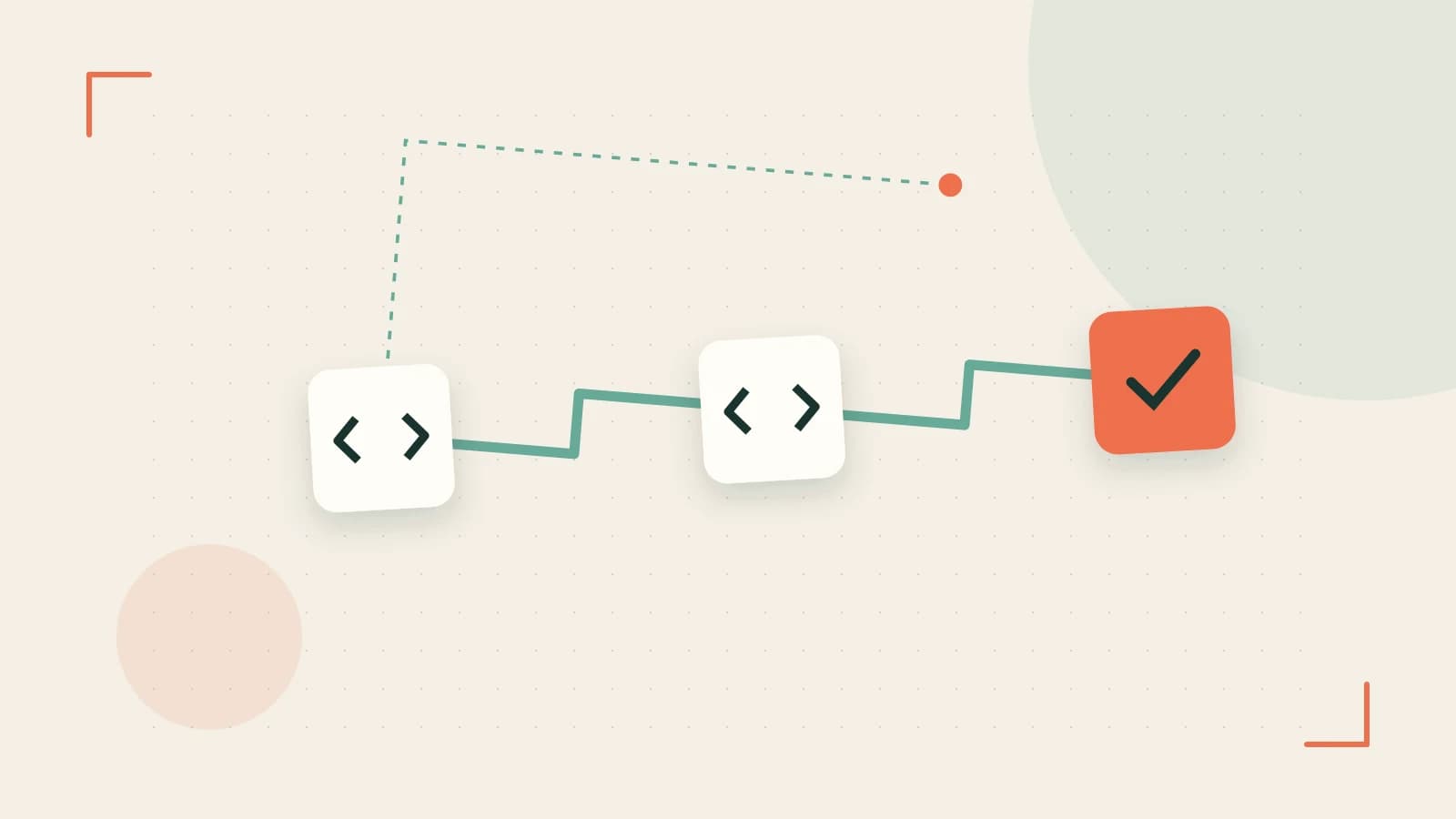 Editorial illustration of a branching build pipeline, staged transformations and a completed check