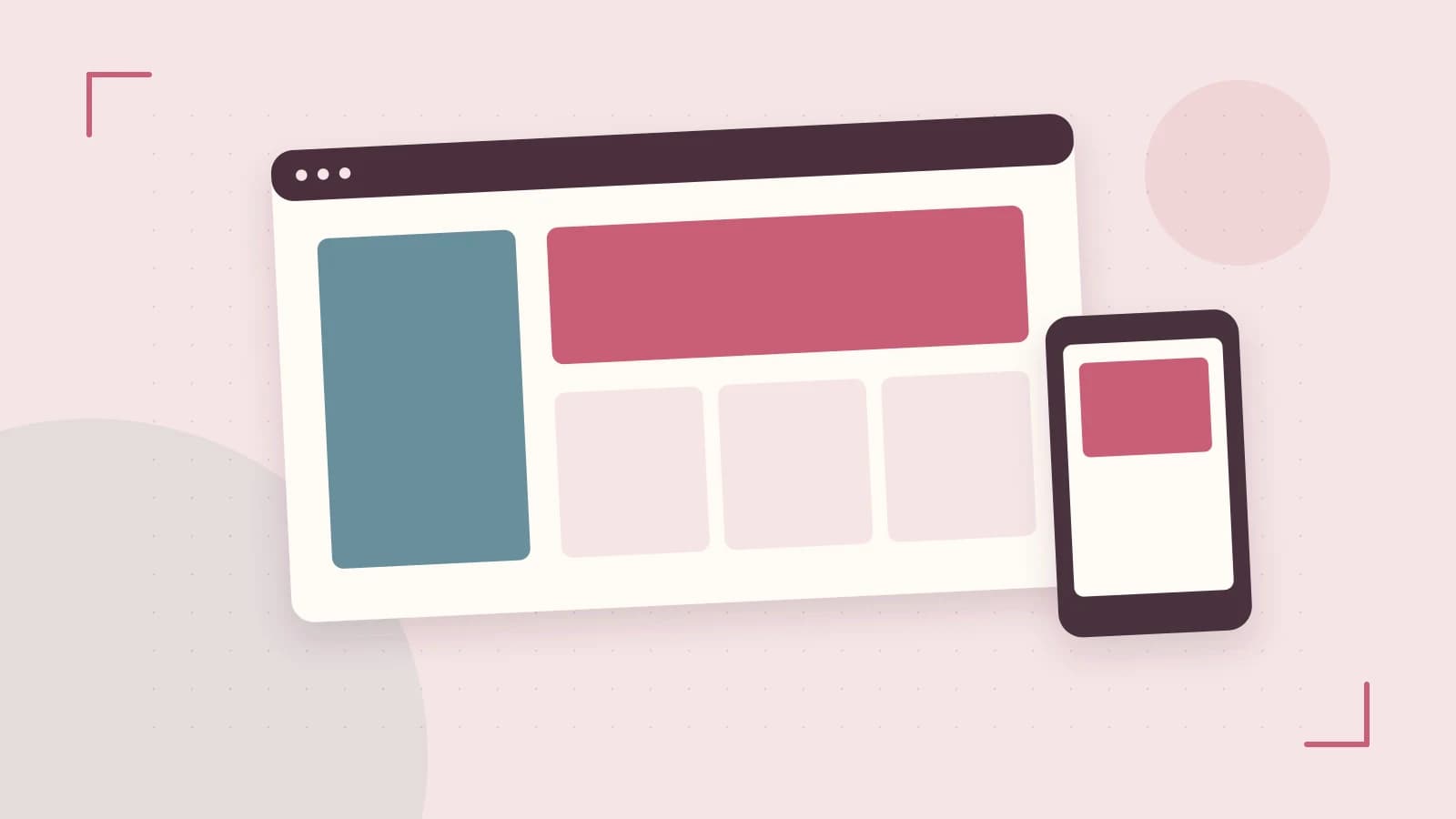 Editorial illustration of responsive browser layouts, overlapping design components and a color system