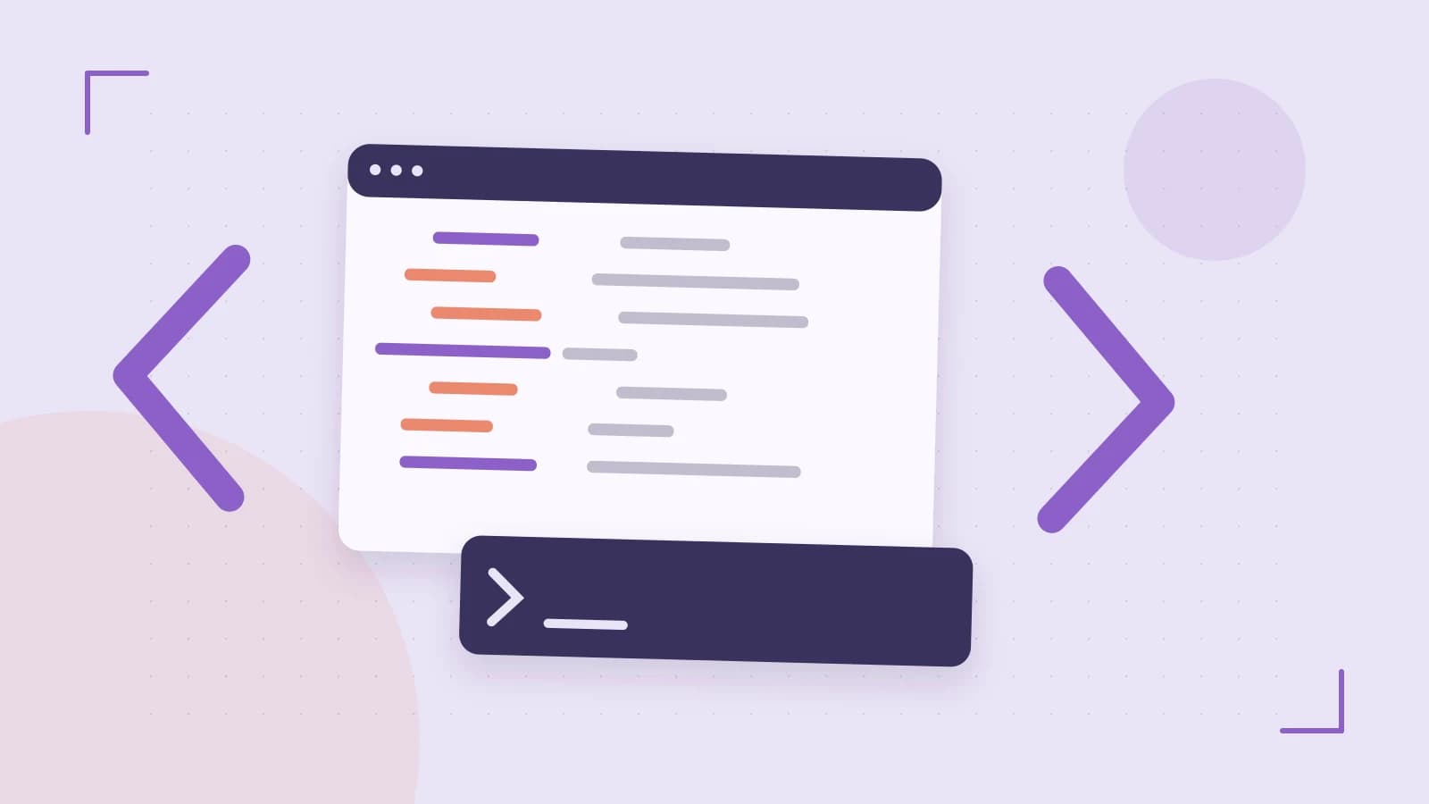 Editorial illustration of an abstract code editor, syntax blocks and oversized programming brackets