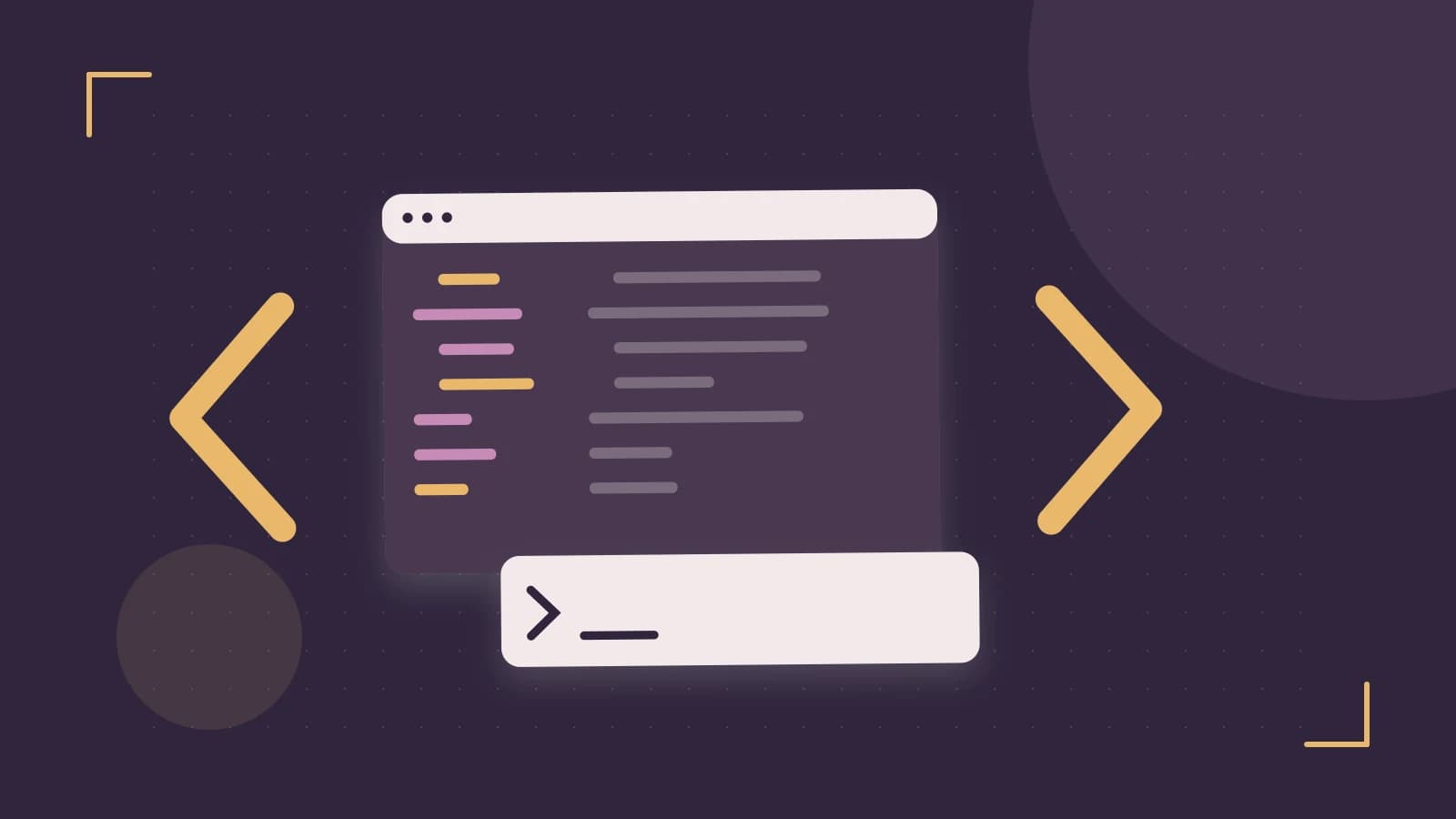 Editorial illustration of an abstract code editor, syntax blocks and oversized programming brackets