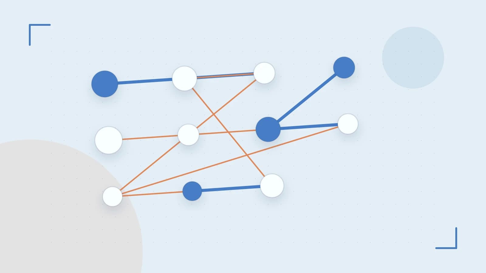 Editorial illustration of an algorithmic node graph with branching paths and a highlighted result