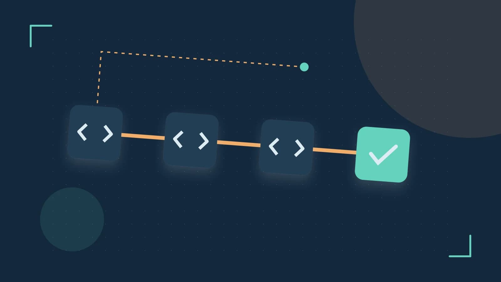 Editorial illustration of a branching build pipeline, staged transformations and a completed check